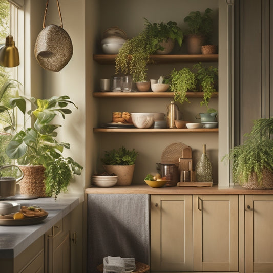 A cozy kitchen corner featuring a stylish cabinet with open shelves, strategically placed plants, elegant dishware, warm lighting, and a contrasting wall color, showcasing effective use of space and functionality in design.