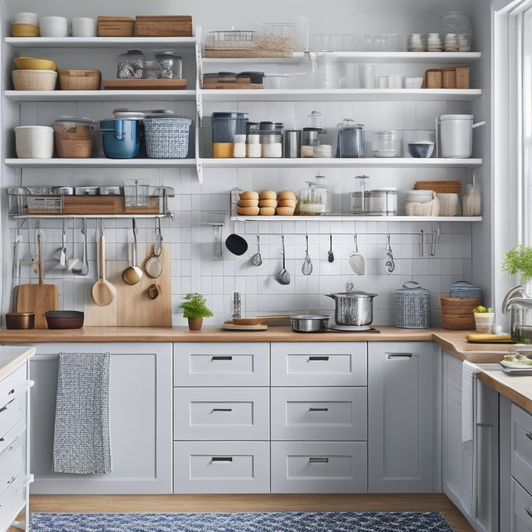 A cluttered IKEA kitchen with open cabinets, utensils and cookware scattered everywhere, contrasted with a adjacent cabinet system featuring pull-out drawers, baskets, and a pegboard, showcasing organized storage solutions.