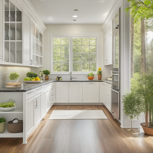 A bright, modern kitchen with sleek white cabinets, warm hardwood floors, and a large, custom pantry with sliding glass doors, organized shelves, and a built-in countertop, surrounded by lush greenery.