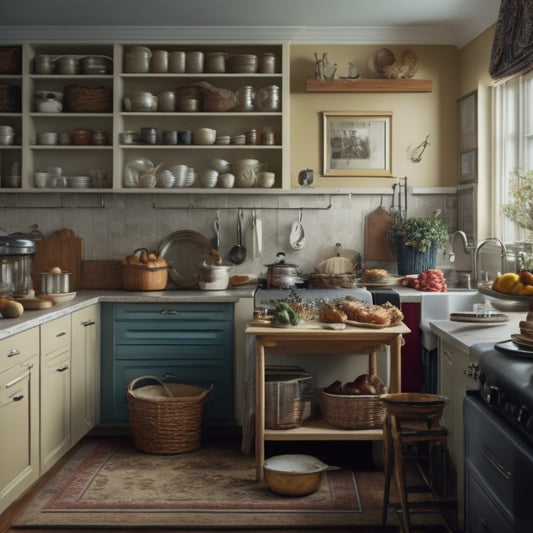 A warm and organized kitchen with a person in the background, perhaps in a wheelchair, independently accessing a lower cabinet with pull-out shelves and baskets, surrounded by neatly stored food and cookware.