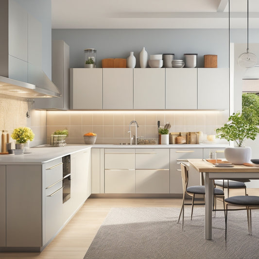 A sleek, modern kitchen featuring modular units, stainless steel appliances, and elegant pull-out drawers. Brightly lit with natural light, showcasing organized utensils, pots, and pans, all set against a minimalist, neutral color palette.