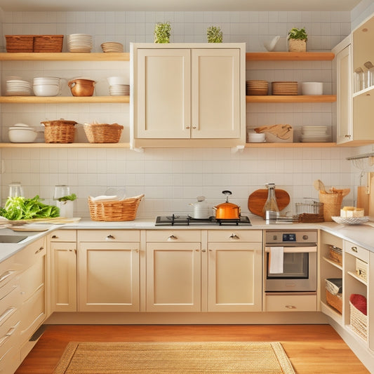 A tidy, modern kitchen with creamy white cabinets, warm wooden countertops, and a large island, featuring a variety of clever storage solutions, including pull-out shelves, hooks, and a pegboard.