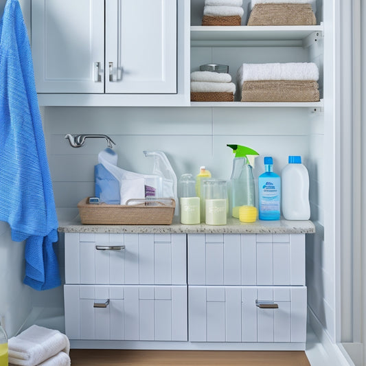 A bright, organized under-sink cabinet featuring tiered pull-out shelves, clear bins for cleaning supplies, a hanging rod for towels, and neatly arranged bottles, all set against a soft, neutral background.
