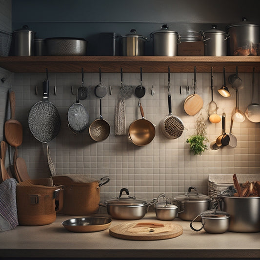A tidy kitchen with pots and pans organized on a pegboard, hooks, and a hanging pot rack, surrounded by a few cookbooks and a utensil holder, with a subtle warm lighting effect.