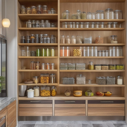 A sleek kitchen interior featuring sliding pantry shelves made of rich walnut wood, stainless steel tracks, and textured glass containers filled with colorful spices, showcasing organization and modern design in soft, natural lighting.