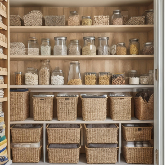 A beautifully organized pantry featuring labeled glass jars, tiered spice racks, woven baskets, and clear bins filled with grains and snacks, all arranged on wooden shelves with soft ambient lighting illuminating the space.