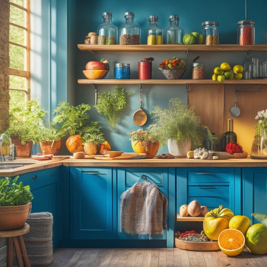 A stylish kitchen with a wooden tiered rack displaying vibrant spices in glass jars, fresh herbs in pots, and colorful fruits, all set against a bright, sunlit backdrop with modern appliances and a cozy ambiance.