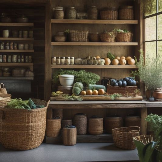A bustling farm-to-table restaurant kitchen with neatly organized crates of fresh produce, shelves stocked with artisanal jars, and a rustic wooden counter adorned with woven baskets overflowing with crisp greens.