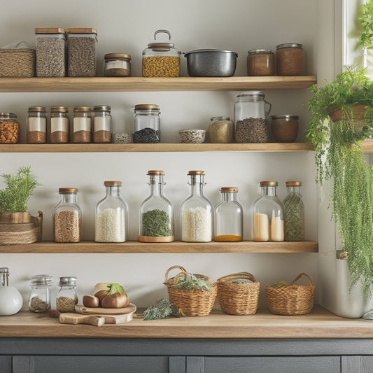 A cozy kitchen scene showcasing elegant under-shelf storage solutions, featuring neatly organized jars, baskets, and spices, with wooden shelves adorned by fresh herbs, bright kitchenware, and soft, warm lighting.
