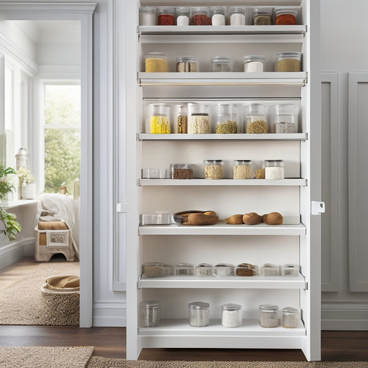 A tidy, white, floor-to-ceiling spice cabinet with 12 compartments, each containing neatly arranged jars of various spices, herbs, and seasonings, against a warm, beige kitchen background.