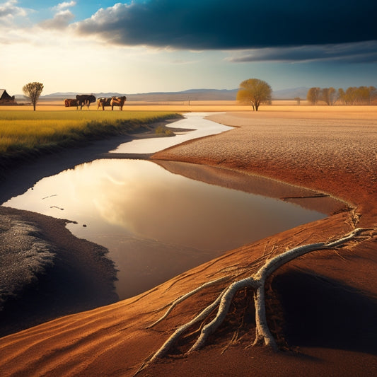 An illustration depicting a parched, cracked earth with withered crops, surrounded by rising floodwaters, as a faint, ghostly image of a thriving farm landscape fades into the background.