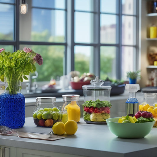 A brightly lit, modern kitchen counter with a variety of colorful, portioned meals in glass containers, surrounded by fresh fruits and vegetables, with a subtle blurred background of a cityscape.
