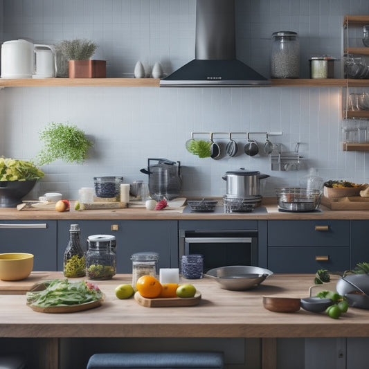 A tidy, modern kitchen with open cabinets revealing organized cookware, utensils, and ingredients, alongside a laptop on the counter displaying a tutorial on optimal storage solutions.