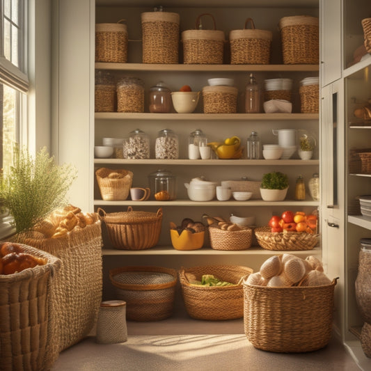 A tidy kitchen pantry with woven baskets in various shapes and sizes, containing neatly arranged food items, cookbooks, and utensils, surrounded by white shelves and soft, warm lighting.