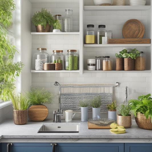 A modern kitchen scene showcasing sleek, multi-tiered compact storage solutions on a small countertop. Include organized jars, decorative plants, and space-saving utensils, all in a bright, inviting ambiance to highlight efficiency in small spaces.