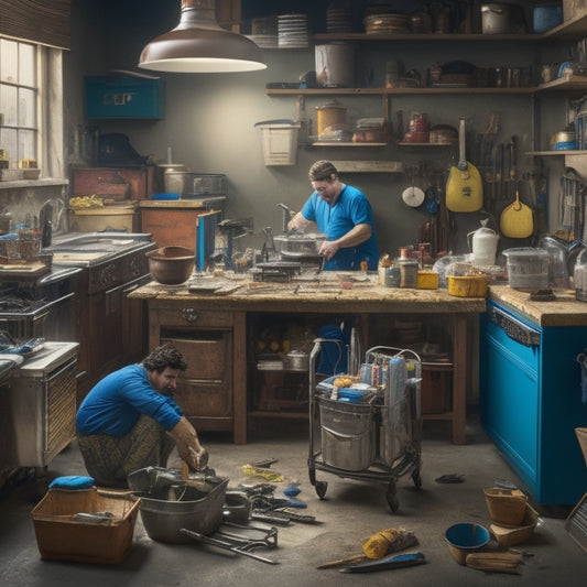 A busy workshop scene with various tools and gadgets scattered around, a partially disassembled refrigerator, oven, and washing machine, with a toolbox and a handyman's apron in the center.