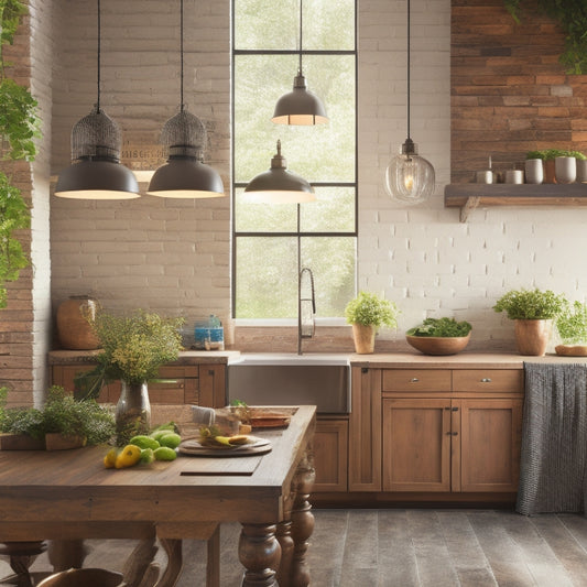 A warm and inviting kitchen interior with a large wooden island, pendant lights, and a rustic-chic brick wall, surrounded by lush greenery and a few decorative vases on open shelving.