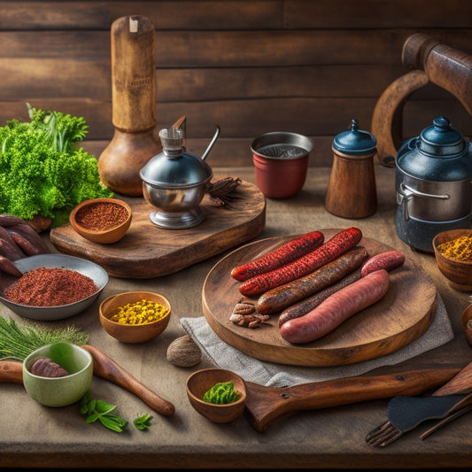 A rustic wooden table scattered with various sausage-making tools, including a meat grinder, stainless steel mixing bowls, and natural casings, surrounded by fresh herbs and spices, with a few perfectly coiled sausages.