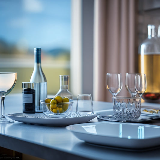A sleek, modern expandable dish rack, elegantly displaying various glassware, including wine glasses and delicate stemware, with shiny chrome accents, set against a bright, minimalistic kitchen backdrop featuring soft natural light.