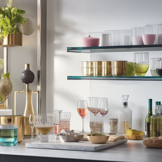 A modern kitchen displaying sleek adjustable shelf inserts, elegantly organized with various glassware: crystal wine glasses, colorful tumblers, and delicate champagne flutes, all bathed in soft, natural light, highlighting their shapes and reflections.