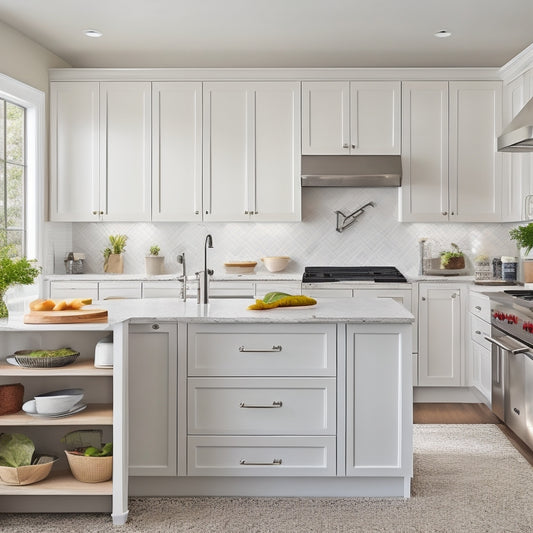 A bright, modern kitchen with sleek white cabinets, a central island, and a neutral-toned countertop, featuring a variety of clever storage solutions, including pull-out drawers, spice racks, and hanging utensils.