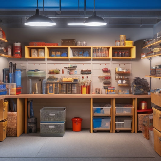 A tidy, well-organized storage room with shelving units, labeled bins, and a pegboard, illuminated by a single overhead light, with a few strategically placed items like a toolbox and a step stool.