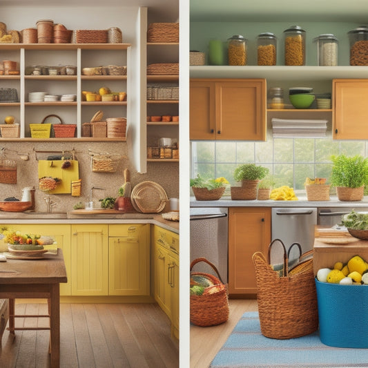 A split-screen image featuring a cluttered kitchen counter on the left with scattered utensils, spices, and cookbooks, and a tidy, organized space on the right with Dollar Tree storage bins and baskets.