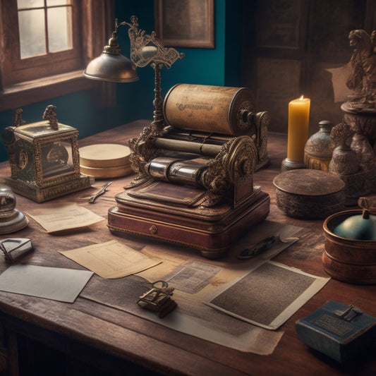 A cluttered desk with a vintage printing press, scattered paper sheets, ink-stained fingers, and a few crumpled prints, surrounded by paperweights, scissors, and a ruler, with a warm, golden lighting.