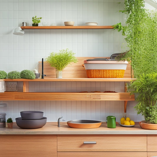 A sleek, compact dish drainer with multi-tiered shelves, nestled beside a small sink. Vibrant dishes drying on bamboo slats, surrounded by potted herbs and modern kitchen utensils in a minimalist, bright kitchen setting.