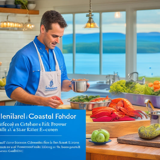 A scenic coastal Maine backdrop with a bustling kitchen in the foreground, featuring a chef proudly holding a "Food Handler Certified" badge, surrounded by fresh lobster, blueberries, and a "5-star" rating symbol.