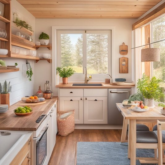 A cozy tiny home kitchen featuring sleek, multifunctional furniture: a foldable dining table, compact shelving, and a pull-out countertop, all surrounded by bright, natural light and warm wood accents.