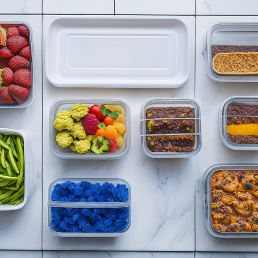 A overhead shot of a kitchen counter with 5-7 identical, rectangular, transparent plastic containers, each filled with a different vibrant, healthy meal, arranged in a neat grid pattern with a subtle background blur.