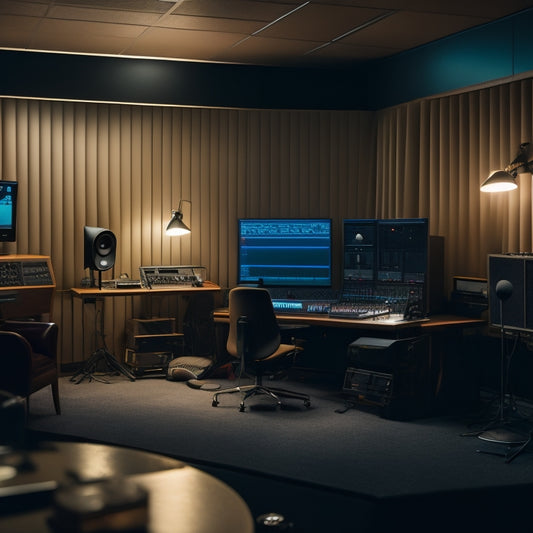 A dimly lit, soundproof room with acoustic panels on walls, a sound engineer sitting in a comfortable chair, surrounded by high-fidelity speakers and a mixing console, with a subtle warm glow.