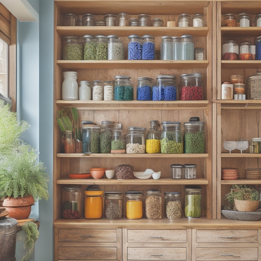 A bright kitchen scene showcasing a wooden tiered rack filled with organized jars, spices, and utensils, set against a backdrop of colorful cabinets and fresh herbs, creating a warm, inviting storage space.