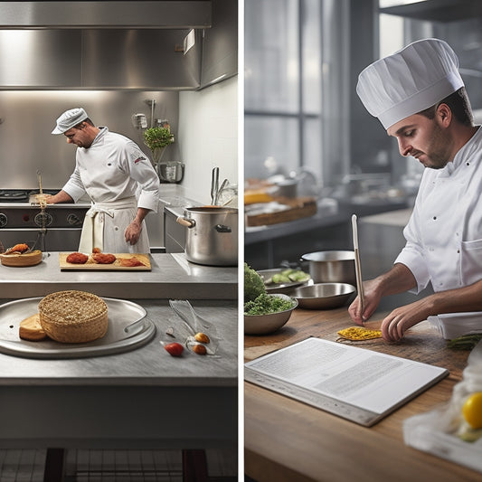 A split-screen image featuring a clean and organized commercial kitchen on one side, with a chef in a white coat and hat holding a clipboard, and a messy kitchen with expired food and dirty utensils on the other.