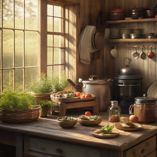 A rustic farmhouse kitchen scene featuring an expandable dish rack filled with various dishes, pots, and utensils. Surrounding it, vintage wooden shelves display herbs and mason jars, with soft sunlight streaming through a window.