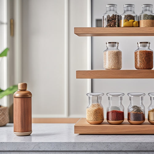 A sleek, minimalist kitchen countertop showcasing an elegant, tiered spice organizer made of bamboo. Vibrant spices in glass jars, with a backdrop of a polished marble surface and stylish kitchen utensils.