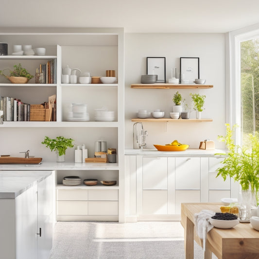 A bright, modern kitchen with sleek white cabinets, a minimalist island, and a few, carefully selected cookbooks on a floating shelf, surrounded by ample negative space and warm, natural light.