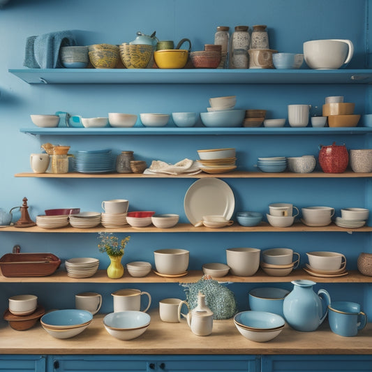 A cluttered kitchen cabinet with stacks of plates, bowls, and cups teetering on top of each other, with empty space above and around them, and a few fallen items scattered on the shelf below.
