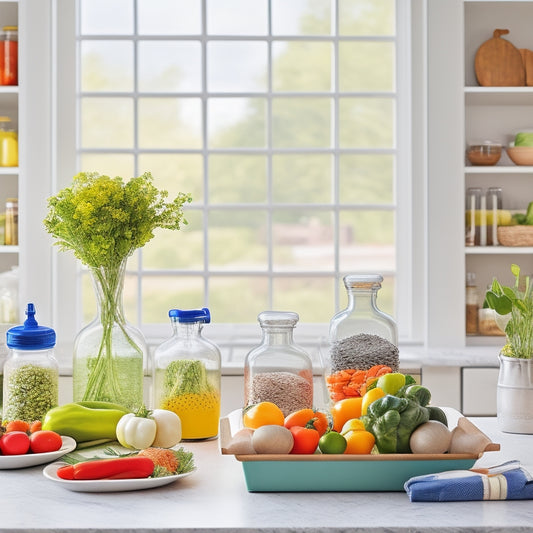 A bright and airy kitchen counter with a variety of colorful, fresh ingredients, including bell peppers, carrots, and leafy greens, surrounded by neatly labeled glass containers and a few strategically placed cookbooks.