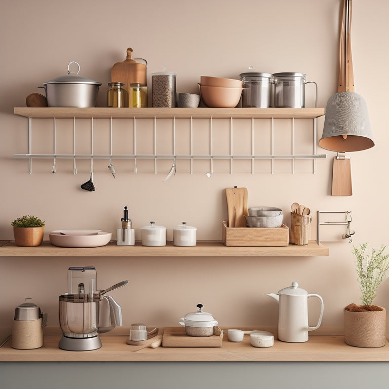 A tidy, minimalist kitchen with a small island, featuring a utensil organizer with dividers, a pegboard with hanging tools, and a carousel spice rack, all in a calming, neutral color palette.