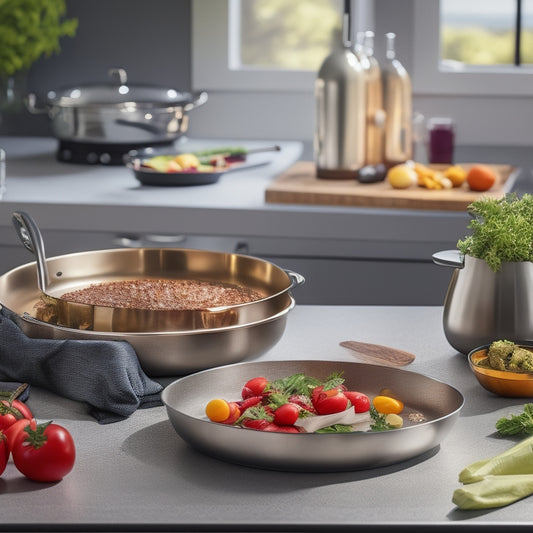 A modern kitchen countertop with a sleek, stainless steel WEBER CRAFTED Griddle as the centerpiece, surrounded by vibrant, fresh ingredients and cookware, basking in warm, golden lighting.