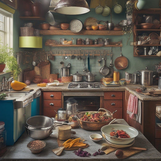 A chaotic kitchen scene with cluttered countertops, overflowing cabinets, and a jumbled mix of cookbooks, utensils, and appliances, with a few pots and pans hanging haphazardly from the ceiling.