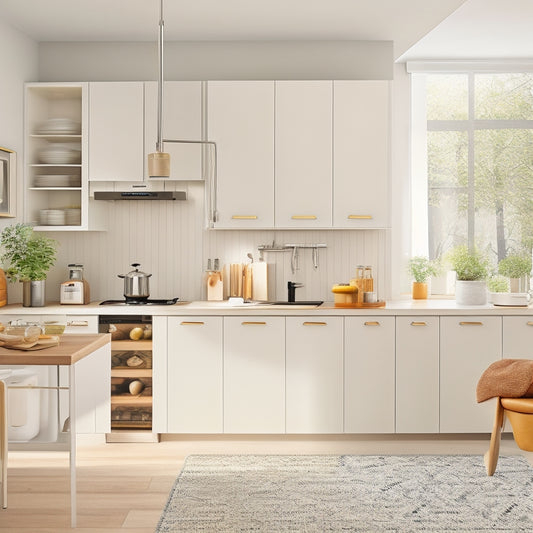 A bright, modern kitchen with sleek countertops, featuring a Kesseböhmer system: soft-close drawers, pull-out pantry, and a pegboard with utensils, set against a warm, neutral-colored background with natural light pouring in.