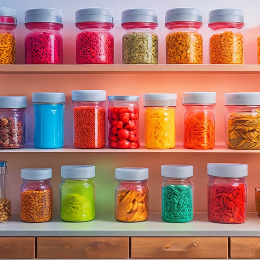 A vibrant kitchen scene showcasing various stackable containers in clear plastic, filled with colorful ingredients like pasta, spices, and snacks, neatly arranged on open shelves, illuminated by warm, natural light.