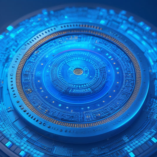 A futuristic, circular badge with a glowing blue center, surrounded by orbiting digital certificates and microchips, set against a dark blue background with subtle circuit board patterns.