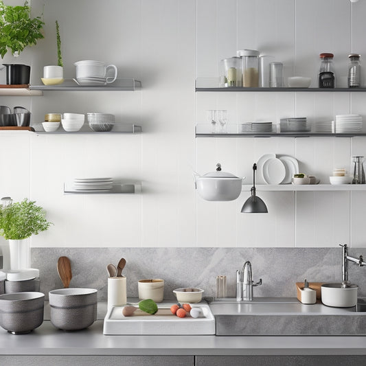 A sleek, modern kitchen with a stylish wall-mounted dish drainer, featuring neatly arranged dishes, pots, and utensils. Soft natural light streams in, highlighting the organized space-saving design against a minimalist backdrop.
