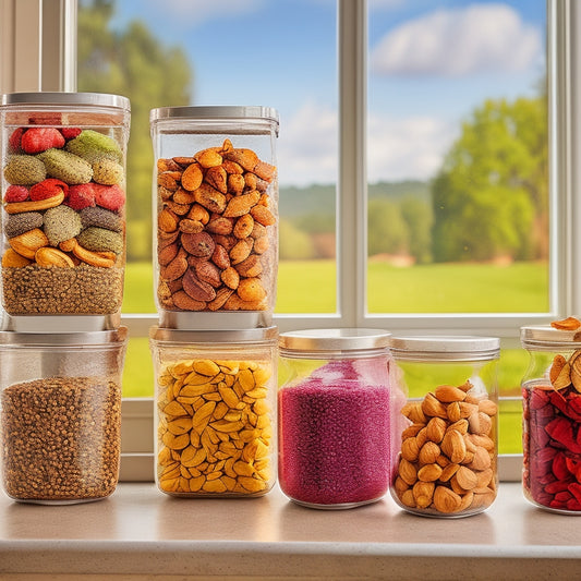 A vibrant kitchen scene featuring neatly arranged stackable containers filled with colorful bulk foods like grains, nuts, and dried fruits, all set against a bright, sunny window with fresh herbs in the background.