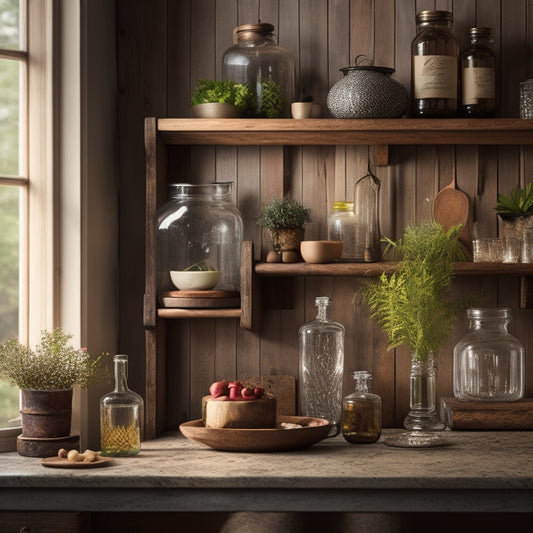 A rustic wooden wall-mounted rack adorned with elegant glassware, sparkling crystal goblets, and vintage jars, complemented by soft ambient lighting, plants cascading nearby, and a cozy kitchen backdrop featuring warm, inviting colors.