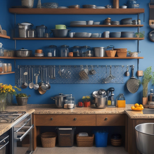 A cluttered small kitchen with pots and pans overflowing from countertops, contrasted with a tidy, organized kitchen featuring a wall-mounted pegboard, pull-out spice rack, and slide-out trash can.